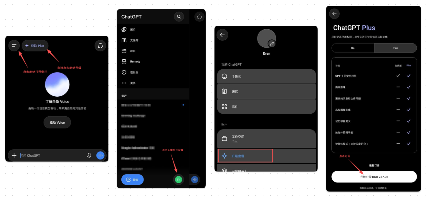 在 ChatGPT App 内完成原价订阅