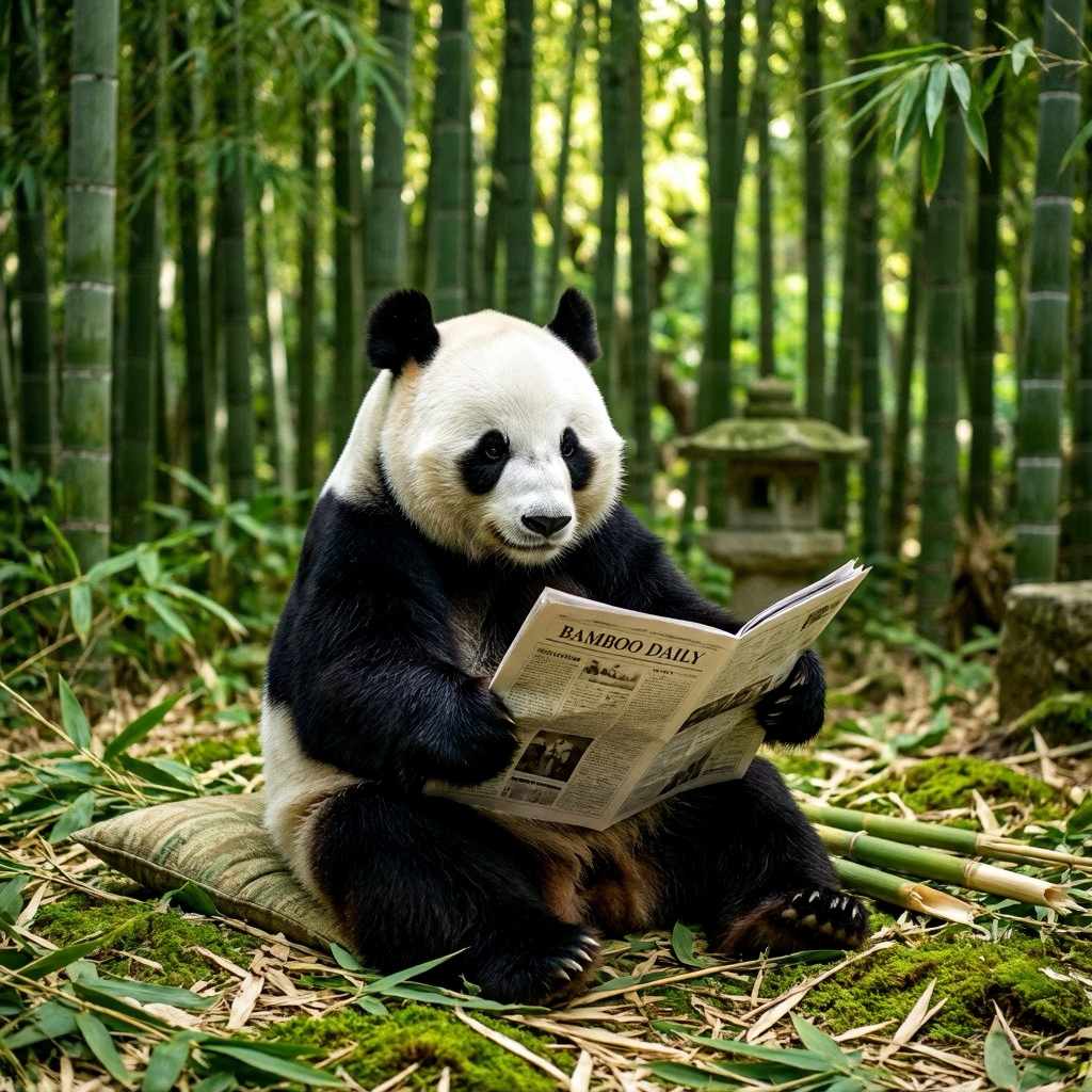 在竹林中读报的大熊猫